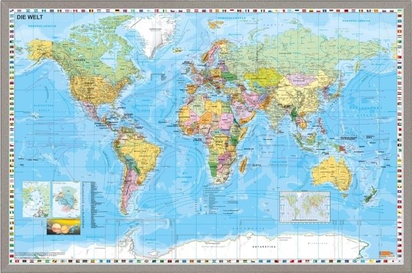 Pinnwand mit Weltkarte und silberfarbenem Holzrahmen